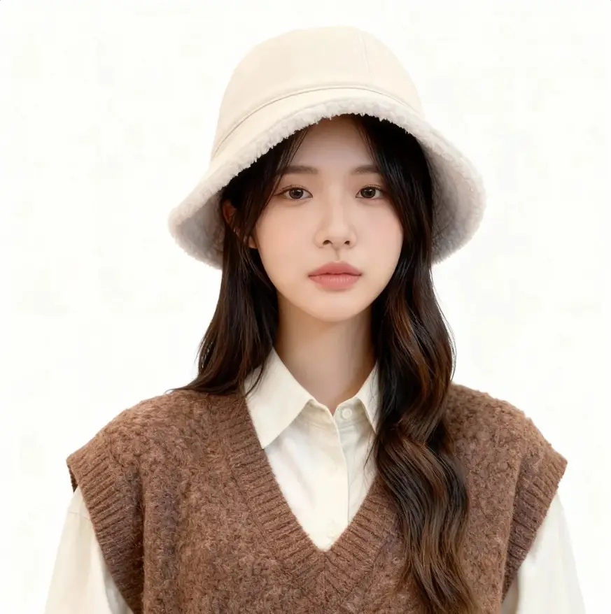 2025 Lamb Wool Bucket Hat Warm Face-Slimming Short-Brimmed - Image 8