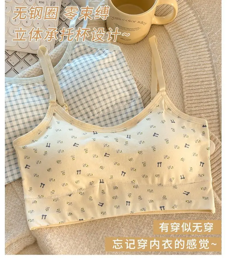 Pure Cotton Intimates for Female Junior and High School Students during Development Period Sports Vest Shock-Proof Breathable Fixed One-Cup Seamless Bra — feature 7