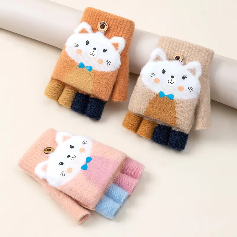 Children's Winter Writing Gloves for Older Kids, Elementary School Girls, Warm Half-Finger Flip Cover Fingerless Half Gloves for Boys