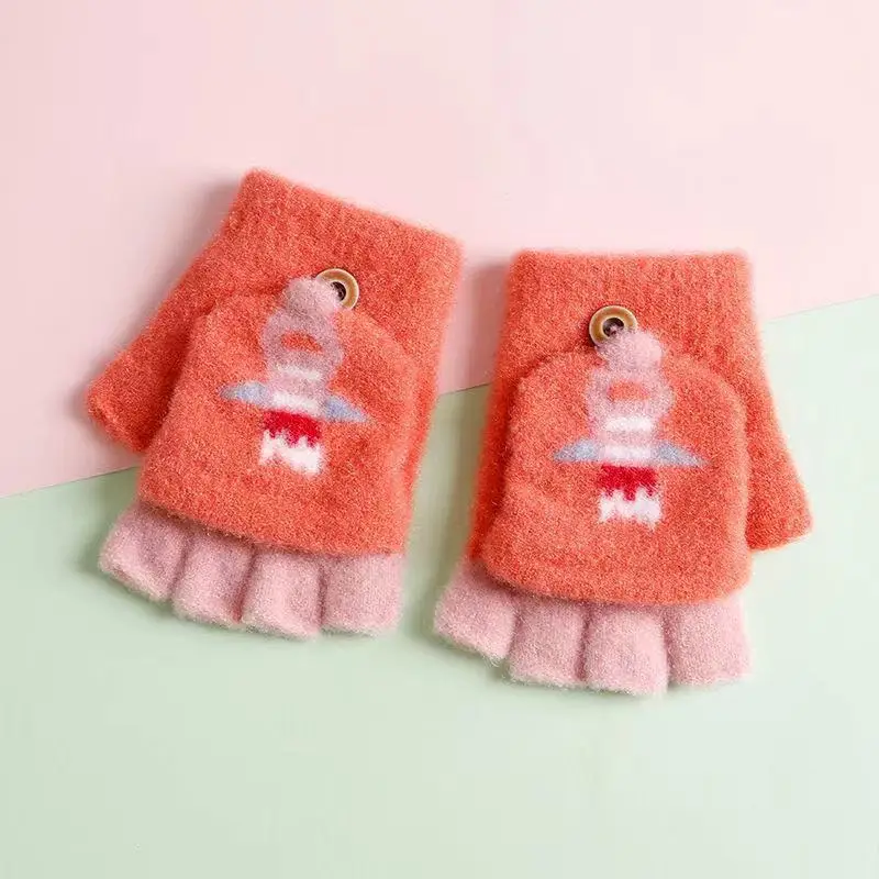 Children's Winter Writing Gloves for Older Kids, Elementary School Girls, Warm Half-Finger Flip Cover Fingerless Half Gloves for Boys