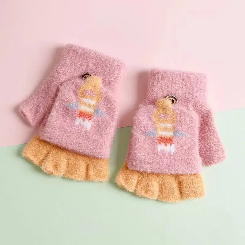 Children's Winter Writing Gloves for Older Kids, Elementary School Girls, Warm Half-Finger Flip Cover Fingerless Half Gloves for Boys