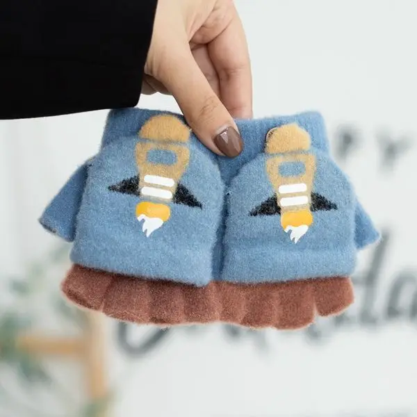Children's Winter Writing Gloves for Older Kids, Elementary School Girls, Warm Half-Finger Flip Cover Fingerless Half Gloves for Boys