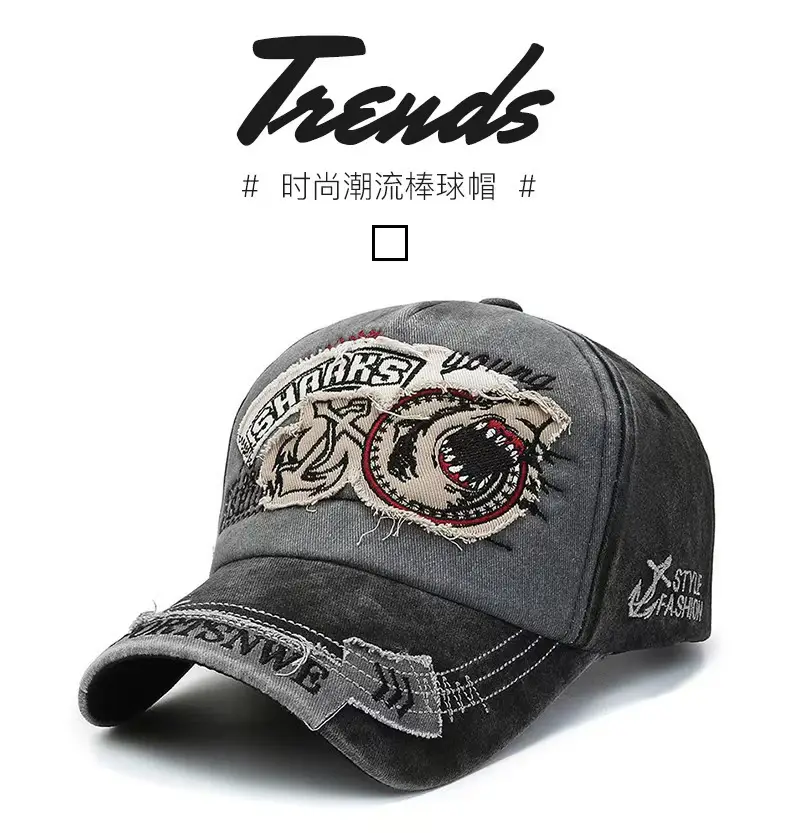 American Retro Duckbill Cap Women Vintage Washed Large Head Circumference Shark Denim — feature 2