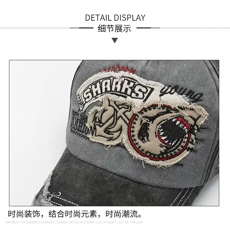 American Retro Duckbill Cap Women Vintage Washed Large Head Circumference Shark Denim — feature 9