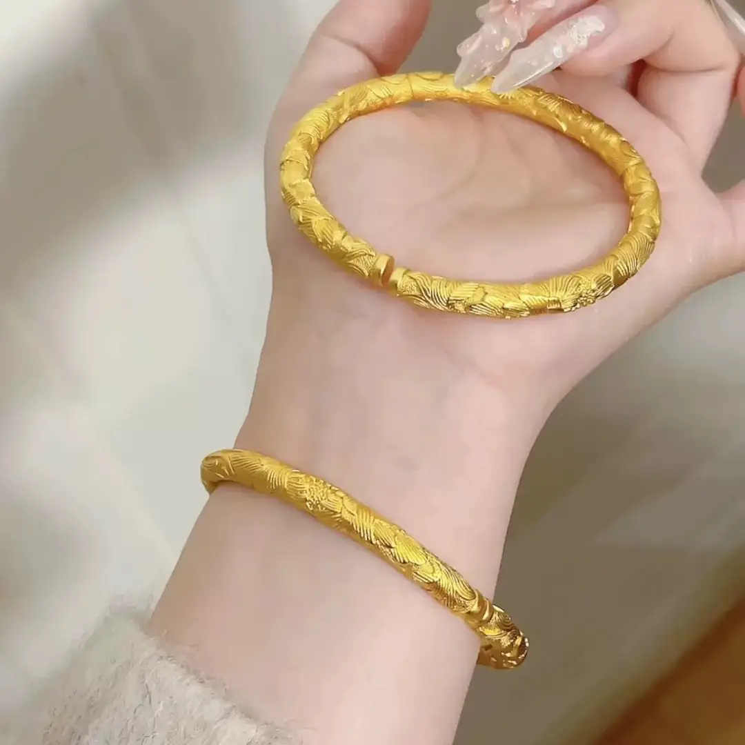 Ancient Gold-Plated Full-Round Peony Flower Bracelet for Women, Blooming Wealth, Engraved Pattern Open Bracelet, Same Style as Live Broadcast