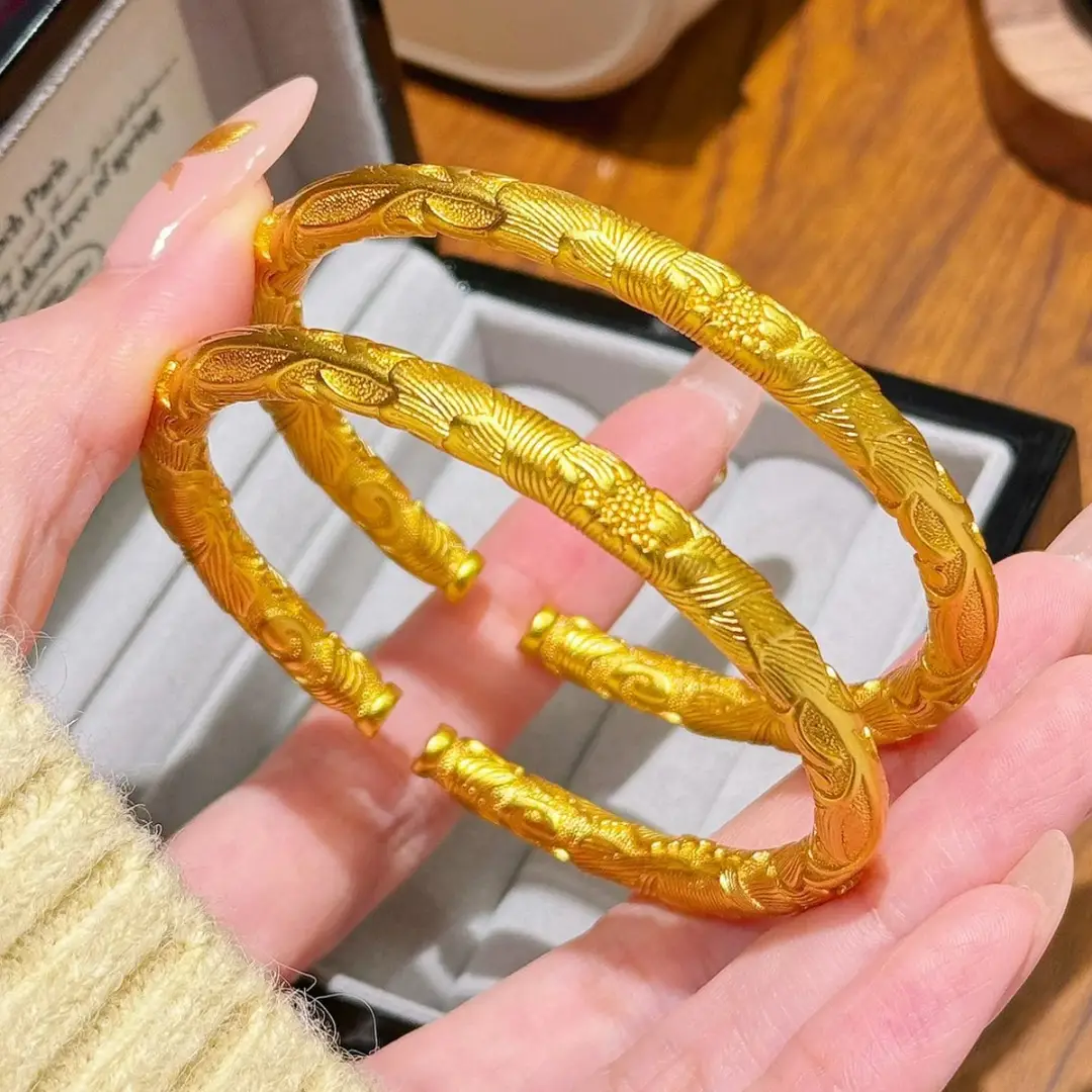 Ancient Gold-Plated Full-Round Peony Flower Bracelet for Women, Blooming Wealth, Engraved Pattern Open Bracelet, Same Style as Live Broadcast