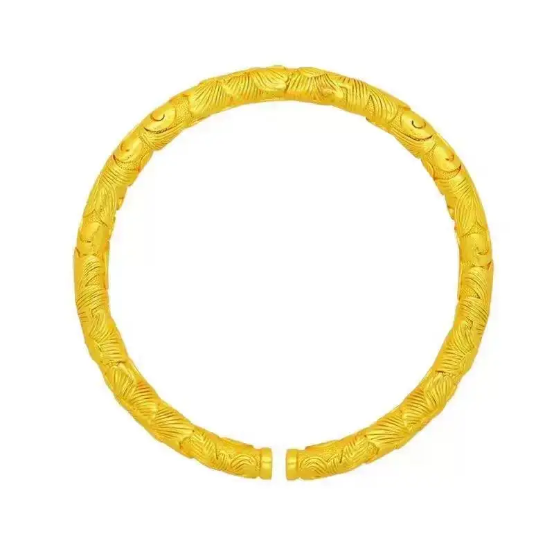 Ancient Gold-Plated Full-Round Peony Flower Bracelet for Women, Blooming Wealth, Engraved Pattern Open Bracelet, Same Style as Live Broadcast