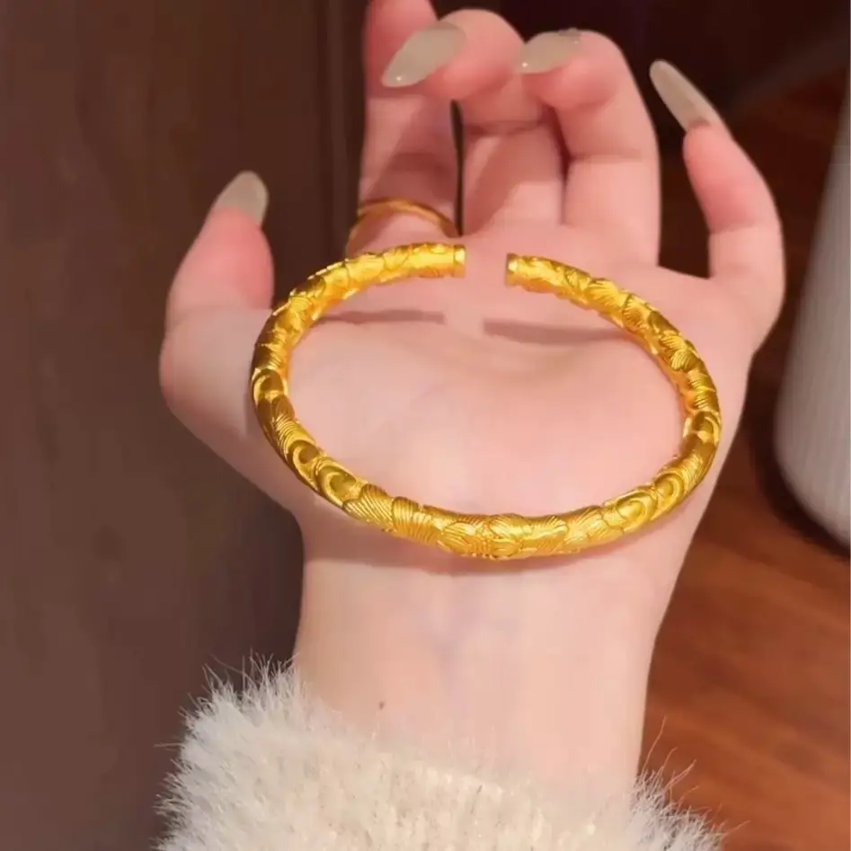Ancient Gold-Plated Full-Round Peony Flower Bracelet for Women, Blooming Wealth, Engraved Pattern Open Bracelet, Same Style as Live Broadcast — feature 1