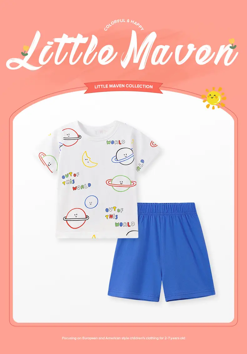 Kids Cotton Space Print T-Shirt Shorts Set Blue — feature 3