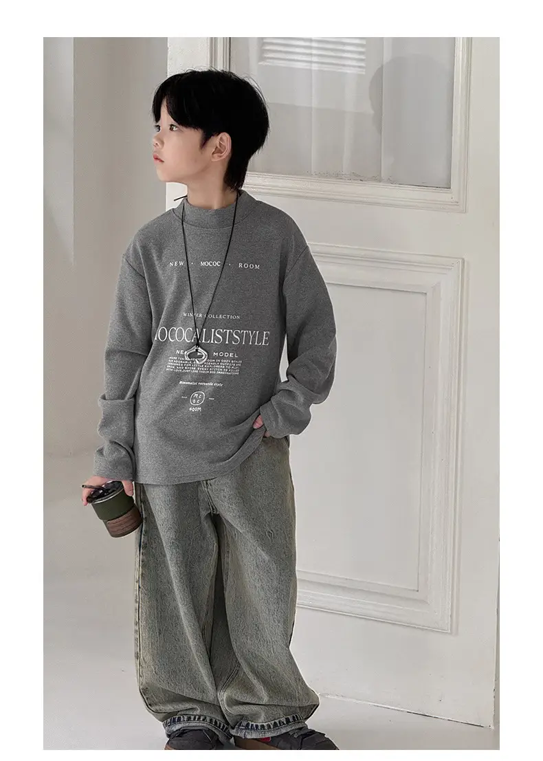 Boys Fleece Long Sleeve Winter T-Shirt Beige — feature 12