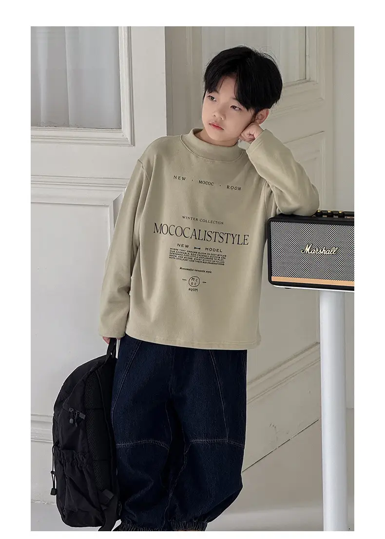 Boys Fleece Long Sleeve Winter T-Shirt Beige — feature 21