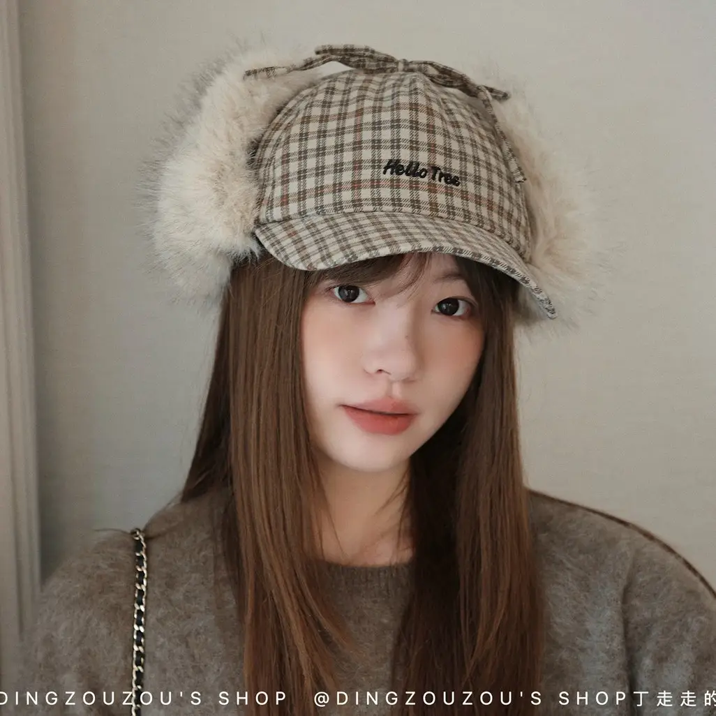Women Plaid Winter Trapper Hat with Ear Flap - Image 2