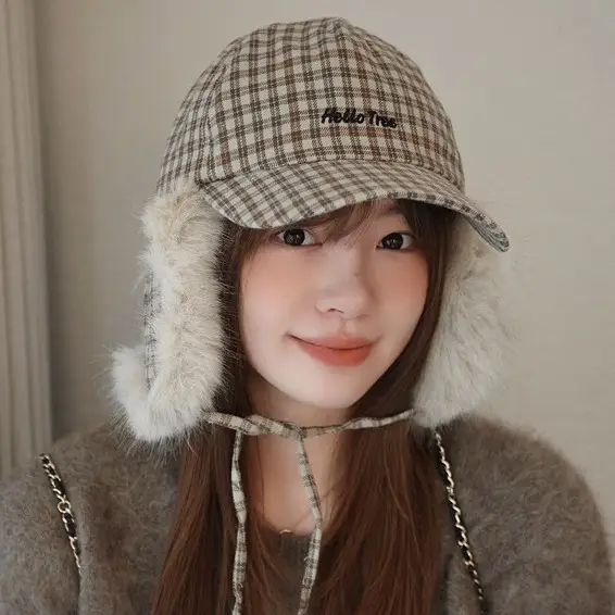 Women Plaid Winter Trapper Hat with Ear Flap - Image 3