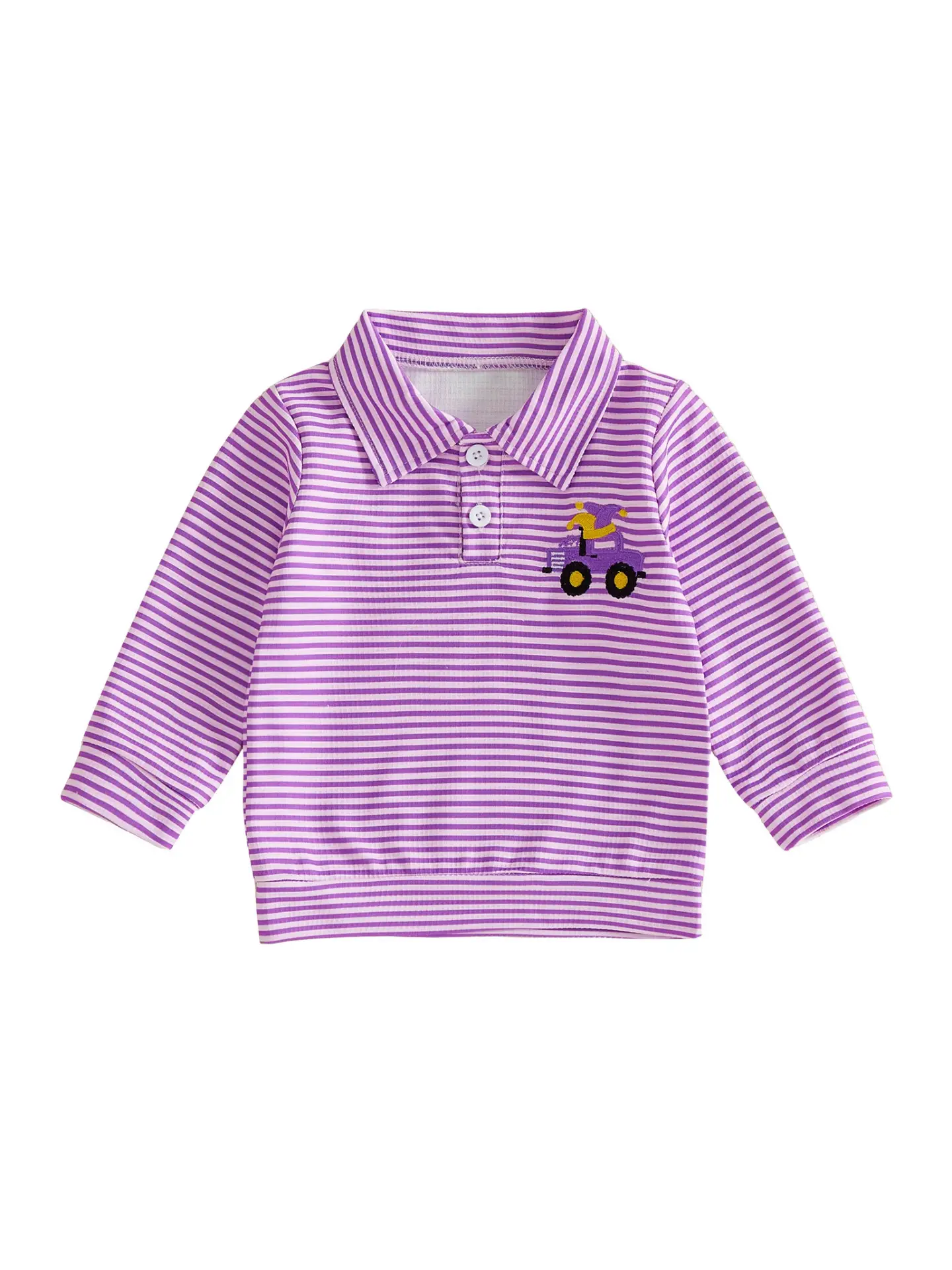 Purple Striped Kids Polo Shirt with Embroidered Car Design