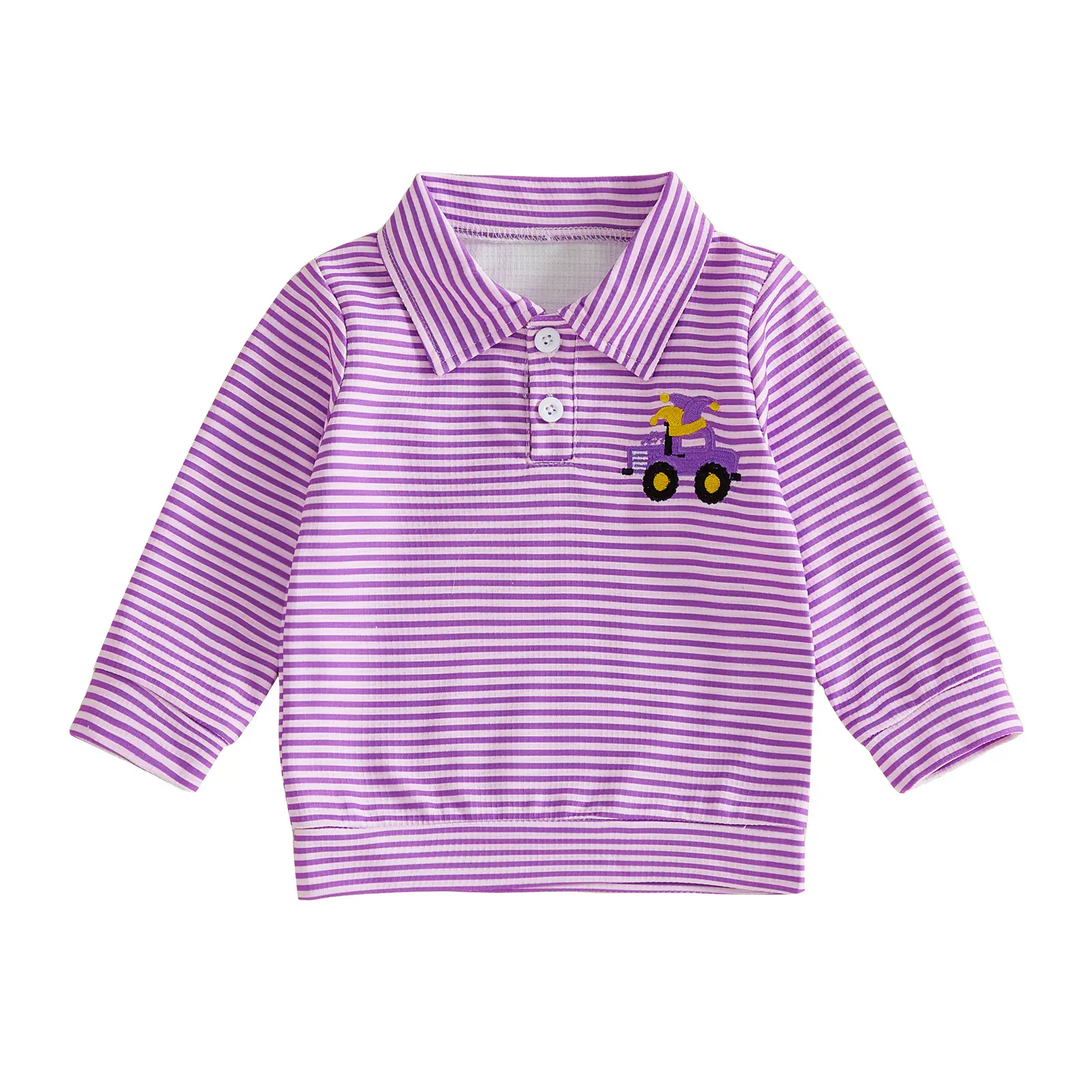 Purple Striped Kids Polo Shirt with Embroidered Car Design — feature 2
