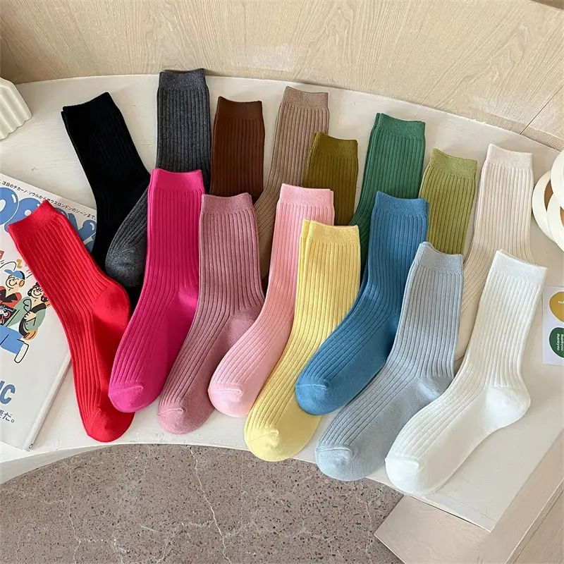 Pure Cotton Double-Needle Unisex Socks, Colorful Thick Solid Color Mid-Calf Socks, Dopamine Seamless Couple Versatile Slouch Socks