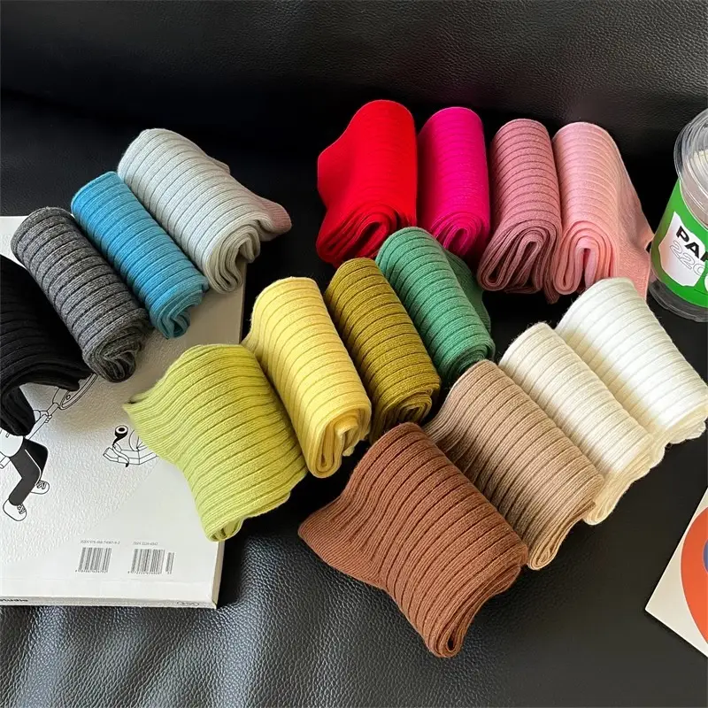 Pure Cotton Double-Needle Unisex Socks, Colorful Thick Solid Color Mid-Calf Socks, Dopamine Seamless Couple Versatile Slouch Socks