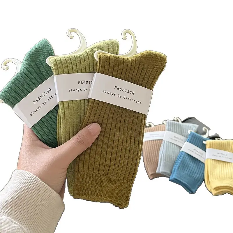Pure Cotton Double-Needle Unisex Socks, Colorful Thick Solid Color Mid-Calf Socks, Dopamine Seamless Couple Versatile Slouch Socks