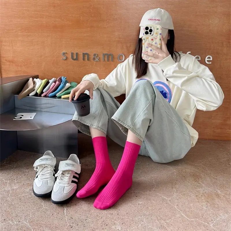 Pure Cotton Double-Needle Unisex Socks, Colorful Thick Solid Color Mid-Calf Socks, Dopamine Seamless Couple Versatile Slouch Socks — feature 1