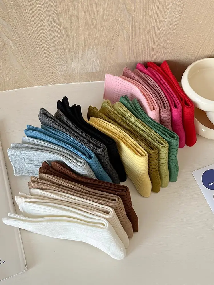 Pure Cotton Double-Needle Unisex Socks, Colorful Thick Solid Color Mid-Calf Socks, Dopamine Seamless Couple Versatile Slouch Socks — feature 11