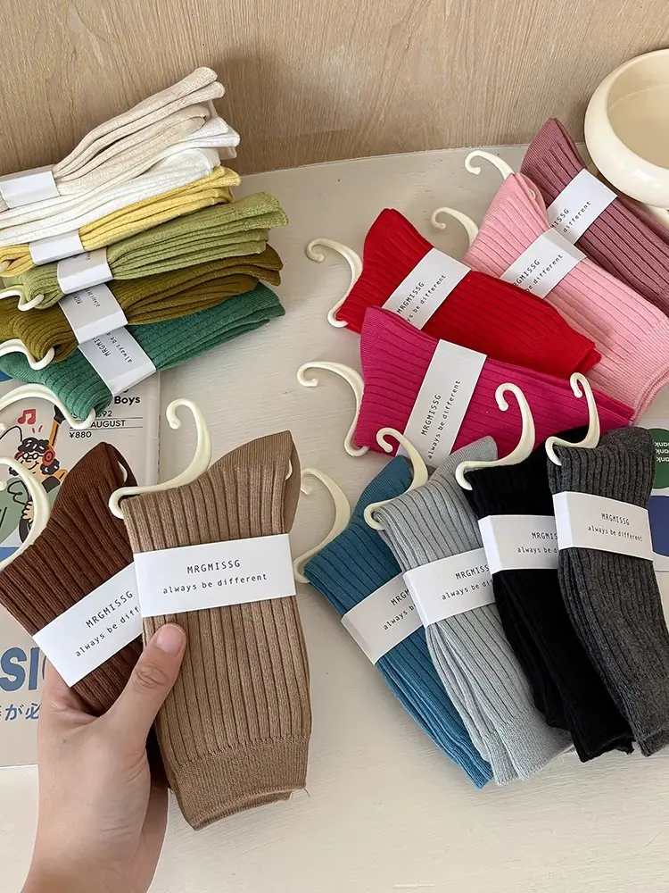 Pure Cotton Double-Needle Unisex Socks, Colorful Thick Solid Color Mid-Calf Socks, Dopamine Seamless Couple Versatile Slouch Socks — feature 4