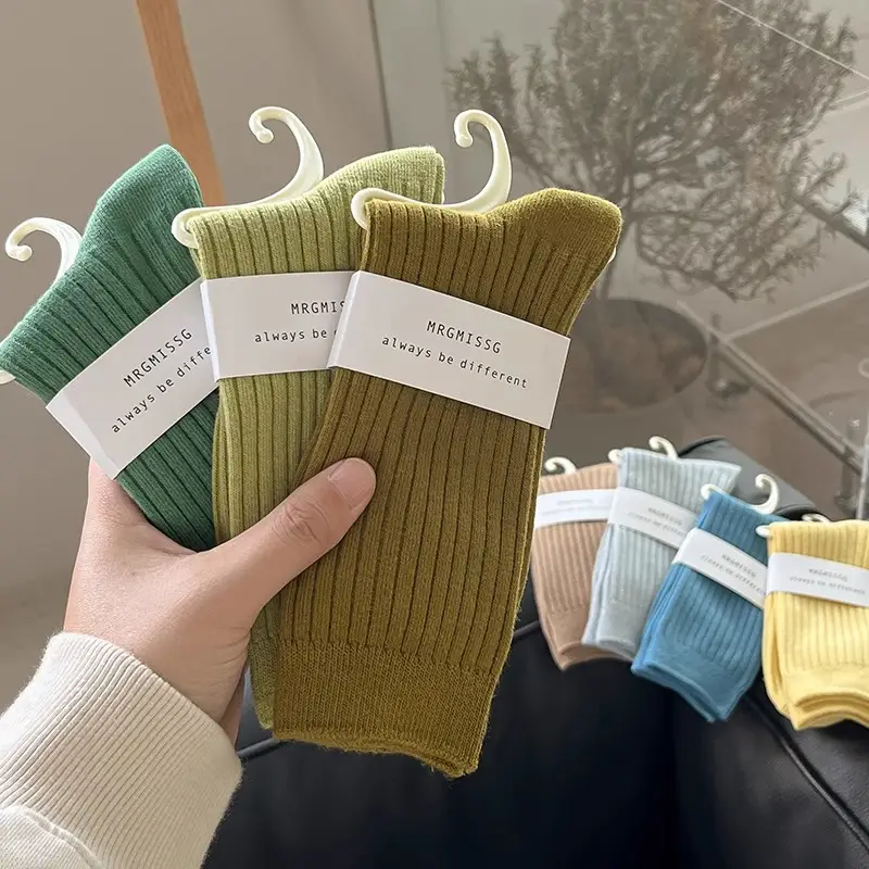 Pure Cotton Double-Needle Unisex Socks, Colorful Thick Solid Color Mid-Calf Socks, Dopamine Seamless Couple Versatile Slouch Socks — feature 5