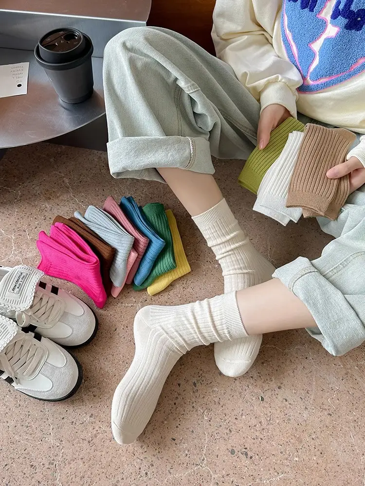 Pure Cotton Double-Needle Unisex Socks, Colorful Thick Solid Color Mid-Calf Socks, Dopamine Seamless Couple Versatile Slouch Socks — feature 6