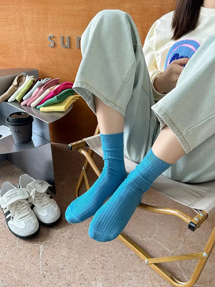 Pure Cotton Double-Needle Unisex Socks, Colorful Thick Solid Color Mid-Calf Socks, Dopamine Seamless Couple Versatile Slouch Socks — feature 7