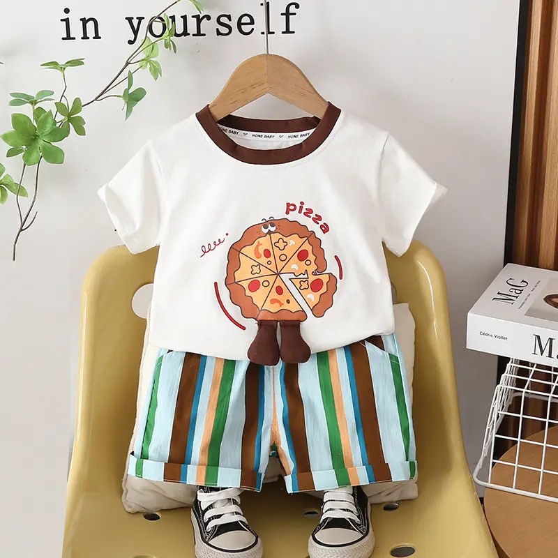 Children's Pizza Print Cotton T-Shirt & Striped Shorts Set - Image 2