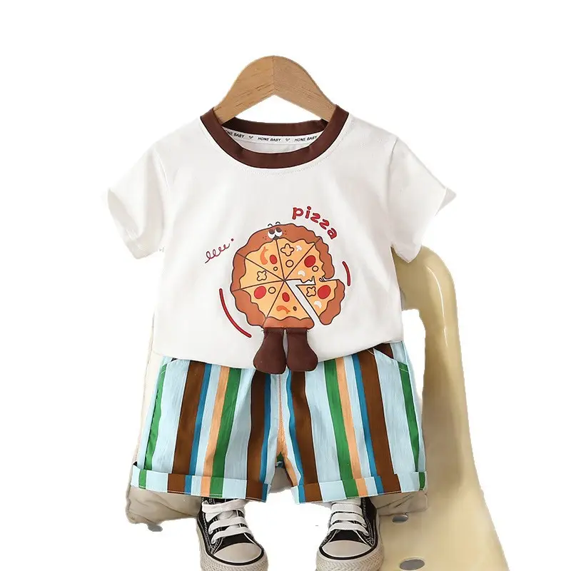 Children's Pizza Print Cotton T-Shirt & Striped Shorts Set - Image 5