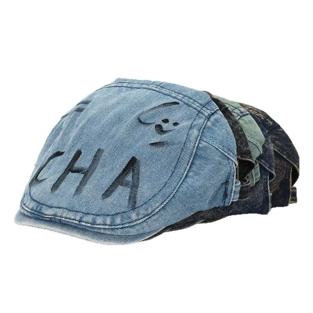 Retro Washed Denim Graffiti Letter Beret Cap - Image 6