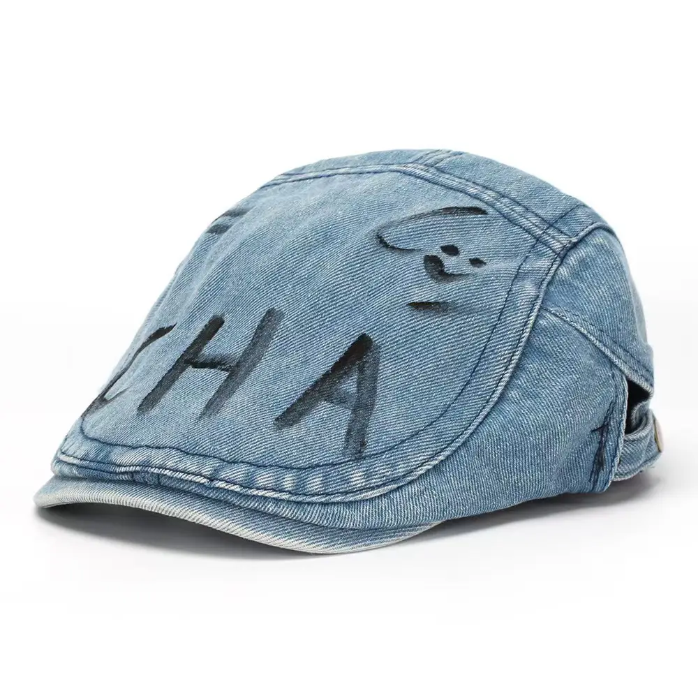 Retro Washed Denim Graffiti Letter Beret Cap - Image 7