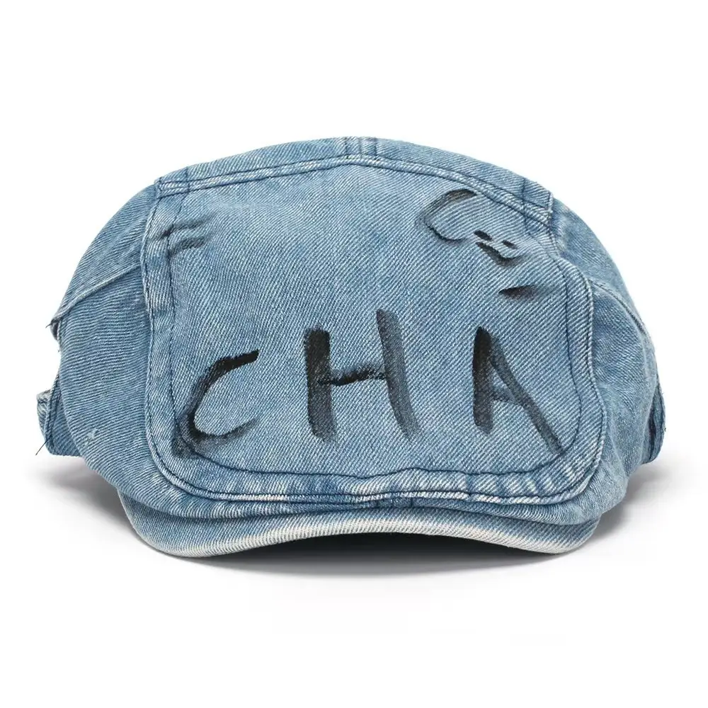 Retro Washed Denim Graffiti Letter Beret Cap - Image 8
