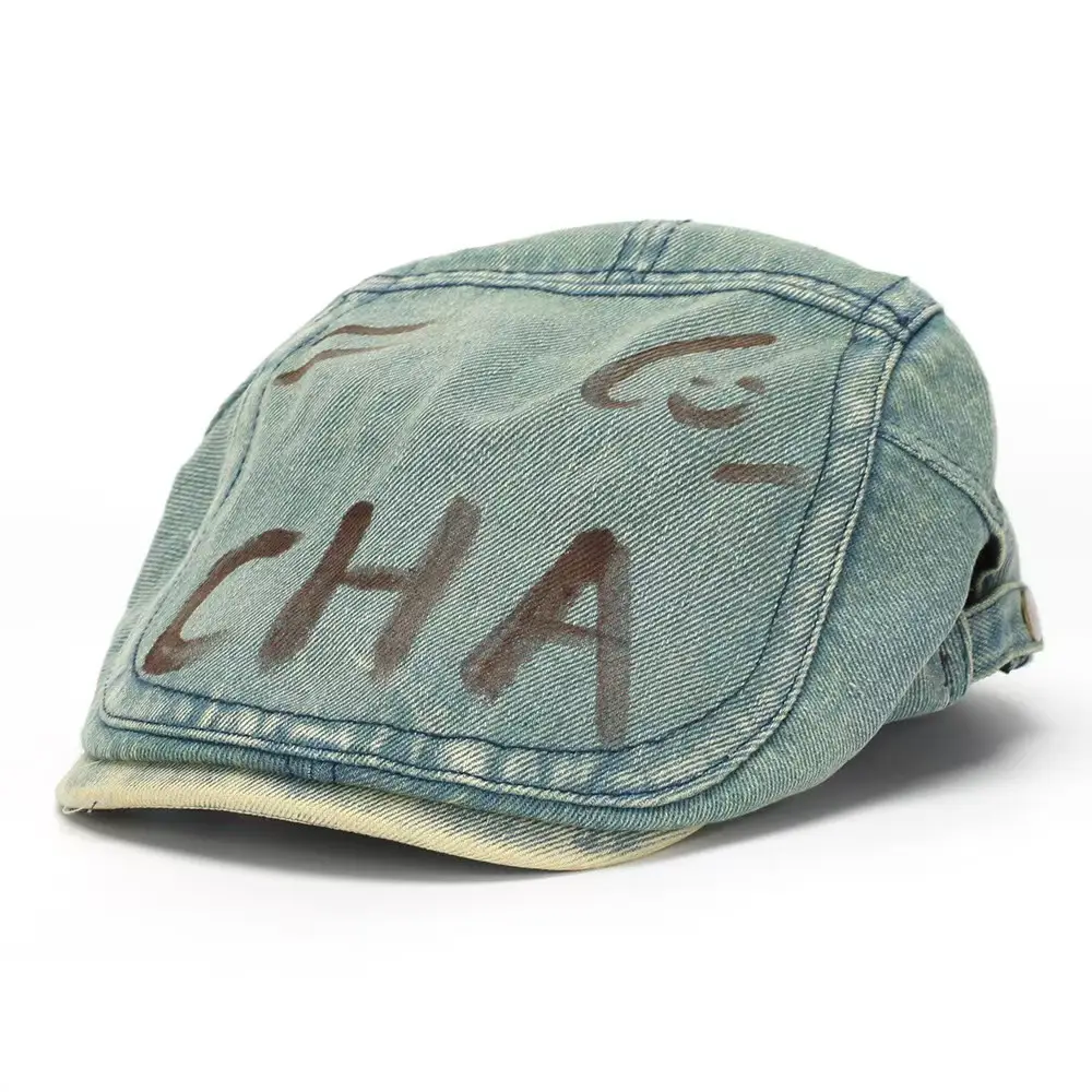 Retro Washed Denim Graffiti Letter Beret Cap - Image 9