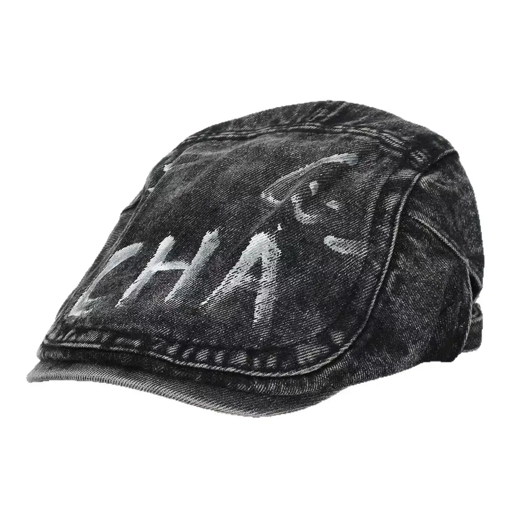 Retro Washed Denim Graffiti Letter Beret Cap - Image 10