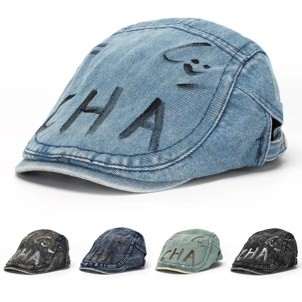 Retro Washed Denim Graffiti Letter Beret Cap — feature 2