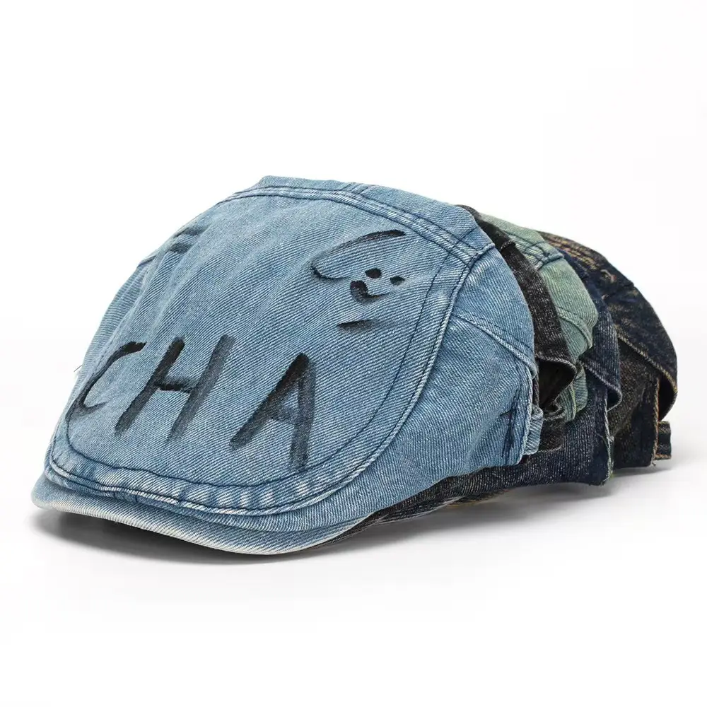 Retro Washed Denim Graffiti Letter Beret Cap — feature 3