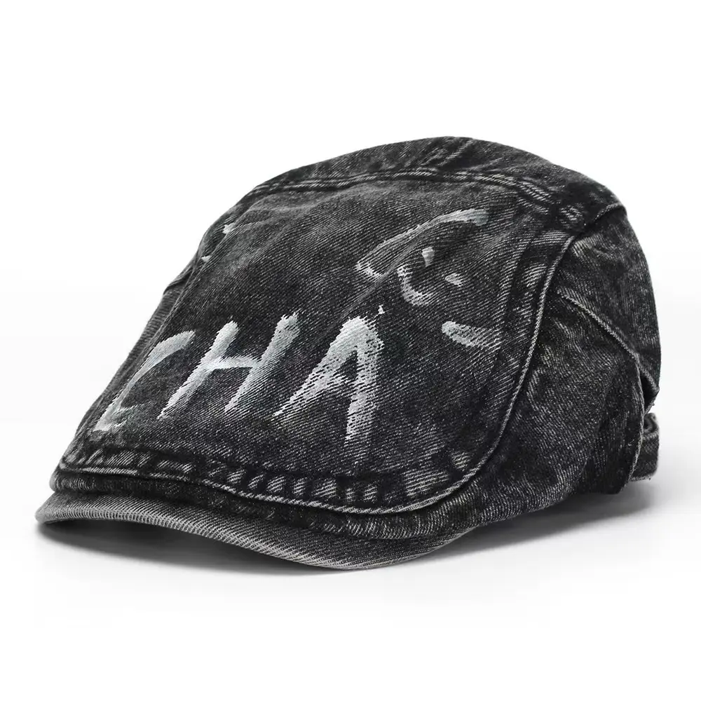 Retro Washed Denim Graffiti Letter Beret Cap — feature 4