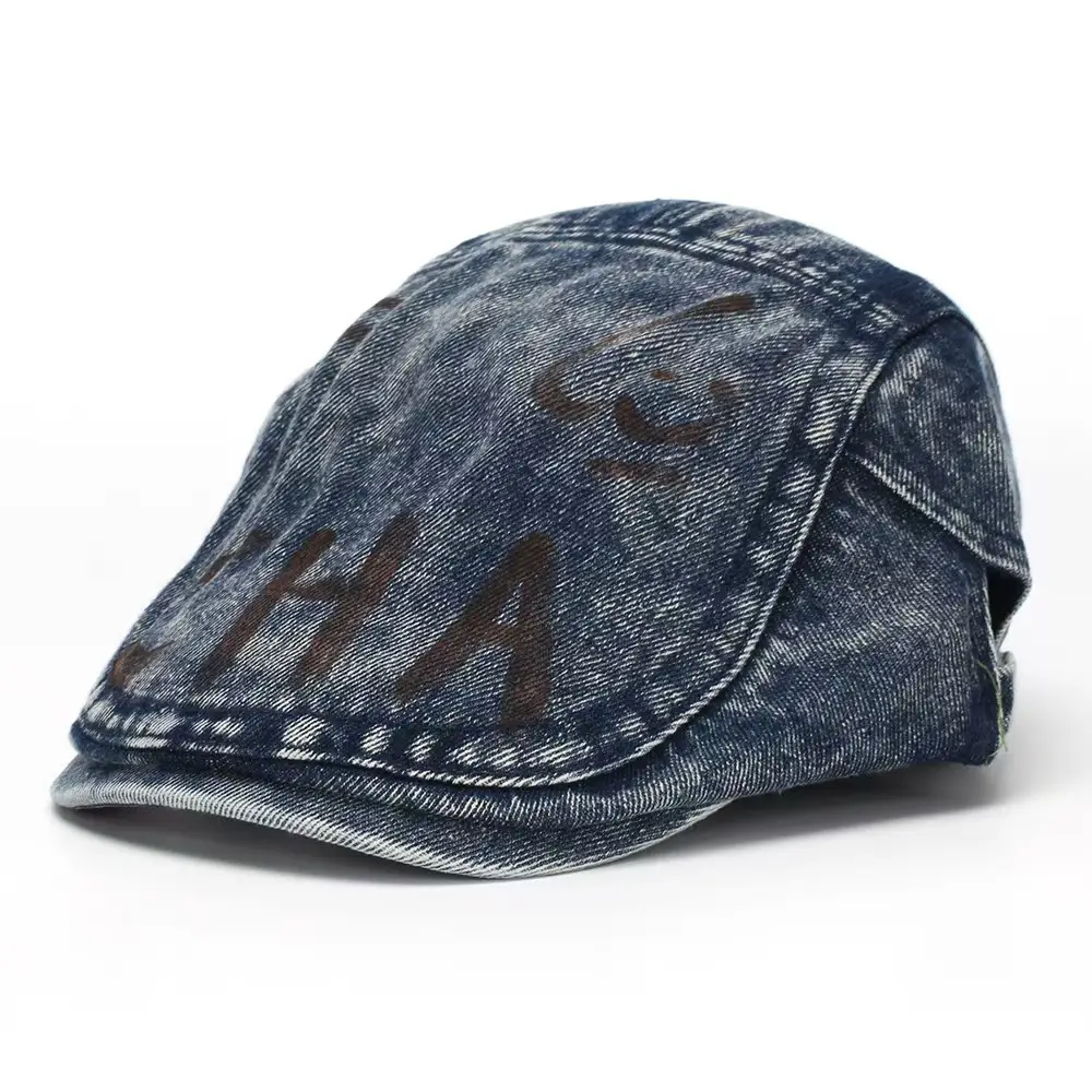 Retro Washed Denim Graffiti Letter Beret Cap — feature 5