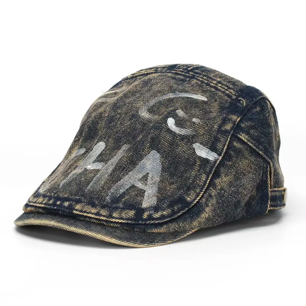 Retro Washed Denim Graffiti Letter Beret Cap — feature 7