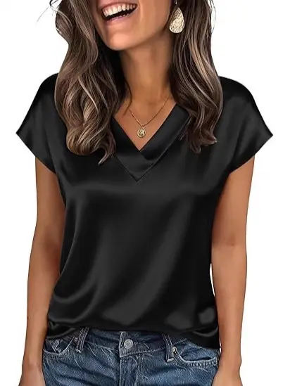 Women's Satin T-Shirt Spring and Summer Amazon European and American Clothing New Solid Color Business V-Neck Casual Pullover Top for Women