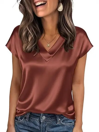 Women's Satin T-Shirt Spring and Summer Amazon European and American Clothing New Solid Color Business V-Neck Casual Pullover Top for Women