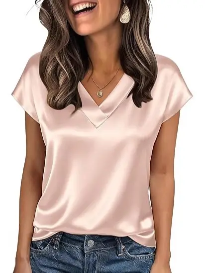 Women's Satin T-Shirt Spring and Summer Amazon European and American Clothing New Solid Color Business V-Neck Casual Pullover Top for Women