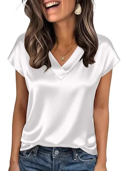 Women's Satin T-Shirt Spring and Summer Amazon European and American Clothing New Solid Color Business V-Neck Casual Pullover Top for Women