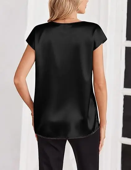 Women's Satin T-Shirt Spring and Summer Amazon European and American Clothing New Solid Color Business V-Neck Casual Pullover Top for Women — feature 11