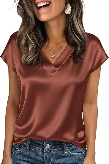 Women's Satin T-Shirt Spring and Summer Amazon European and American Clothing New Solid Color Business V-Neck Casual Pullover Top for Women — feature 12