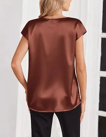 Women's Satin T-Shirt Spring and Summer Amazon European and American Clothing New Solid Color Business V-Neck Casual Pullover Top for Women — feature 13