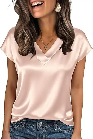 Women's Satin T-Shirt Spring and Summer Amazon European and American Clothing New Solid Color Business V-Neck Casual Pullover Top for Women — feature 14