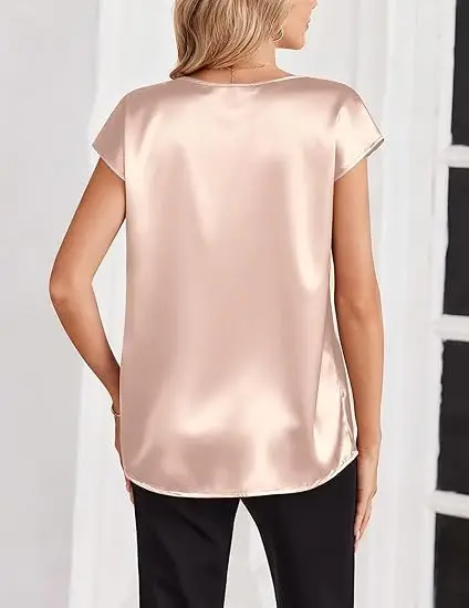 Women's Satin T-Shirt Spring and Summer Amazon European and American Clothing New Solid Color Business V-Neck Casual Pullover Top for Women — feature 16