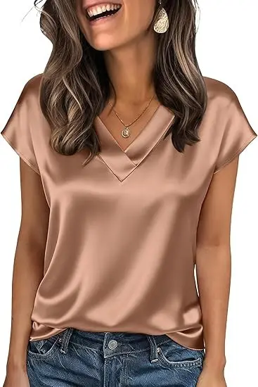 Women's Satin T-Shirt Spring and Summer Amazon European and American Clothing New Solid Color Business V-Neck Casual Pullover Top for Women — feature 17